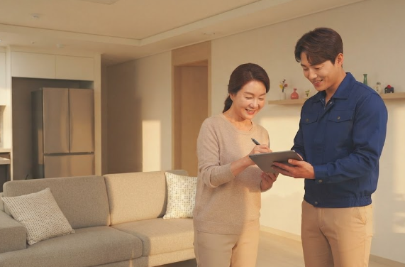 거실에서 이사 견적 상담을 받는 모습