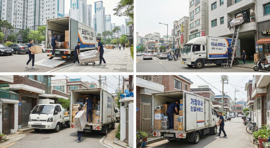 이사트럭이 골목길에서 이사 짐을 옮기는 모습