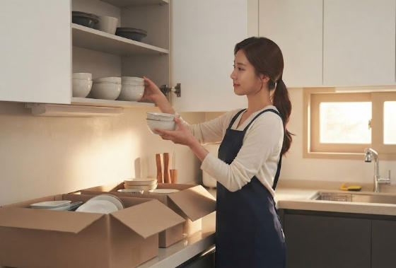 그릇과 접시를 하나씩 완충재로 감싸 세워서 포장하는 모습